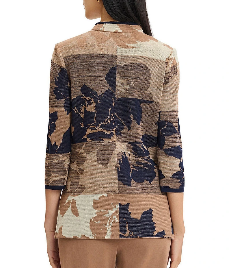 Ming Wang Jacquard Knit Ombre Floral Mandarin Collar 3/4 Sleeve Shoulder Pad Jacket