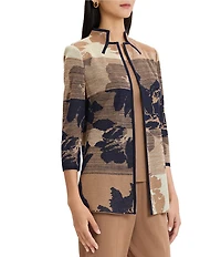 Ming Wang Jacquard Knit Ombre Floral Mandarin Collar 3/4 Sleeve Shoulder Pad Jacket