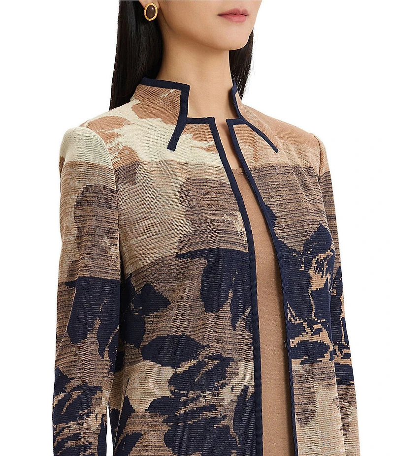Ming Wang Jacquard Knit Ombre Floral Mandarin Collar 3/4 Sleeve Shoulder Pad Jacket