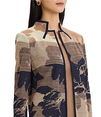 Ming Wang Jacquard Knit Ombre Floral Mandarin Collar 3/4 Sleeve Shoulder Pad Jacket