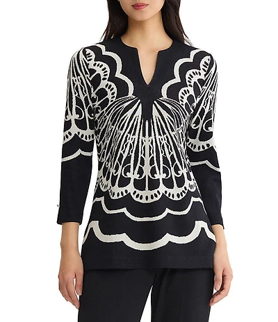 Ming Wang Jacquard Knit Printed Split V-Neck Bracelet Sleeve Tunic
