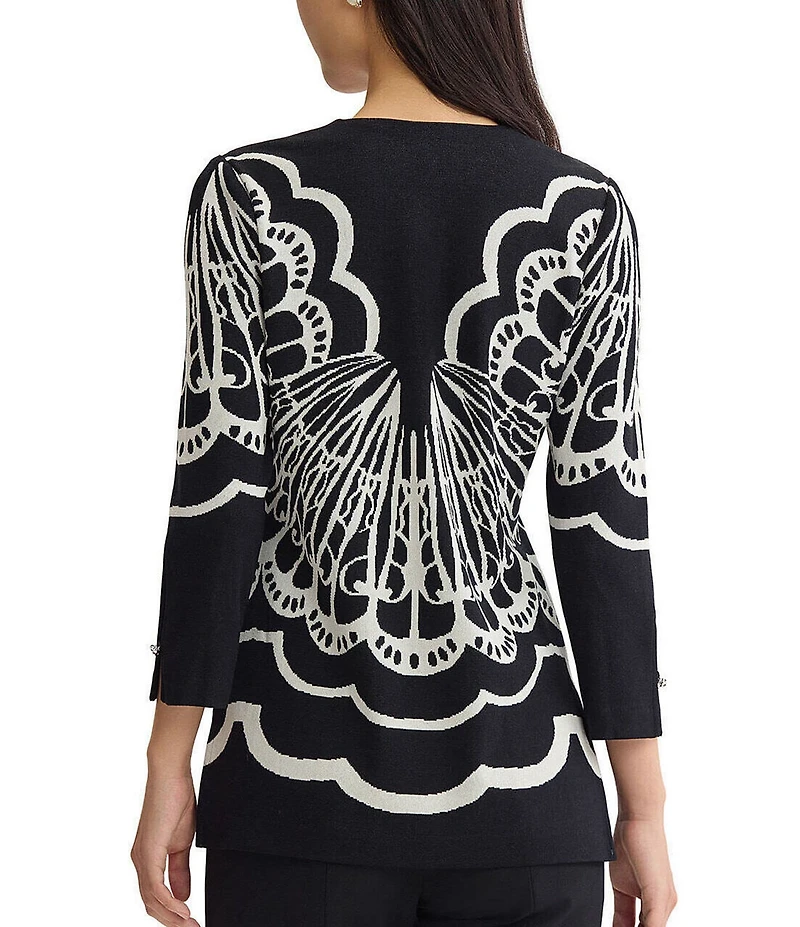 Ming Wang Jacquard Knit Printed Split V-Neck Bracelet Sleeve Tunic