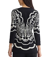 Ming Wang Jacquard Knit Printed Split V-Neck Bracelet Sleeve Tunic
