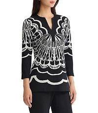 Ming Wang Jacquard Knit Printed Split V-Neck Bracelet Sleeve Tunic
