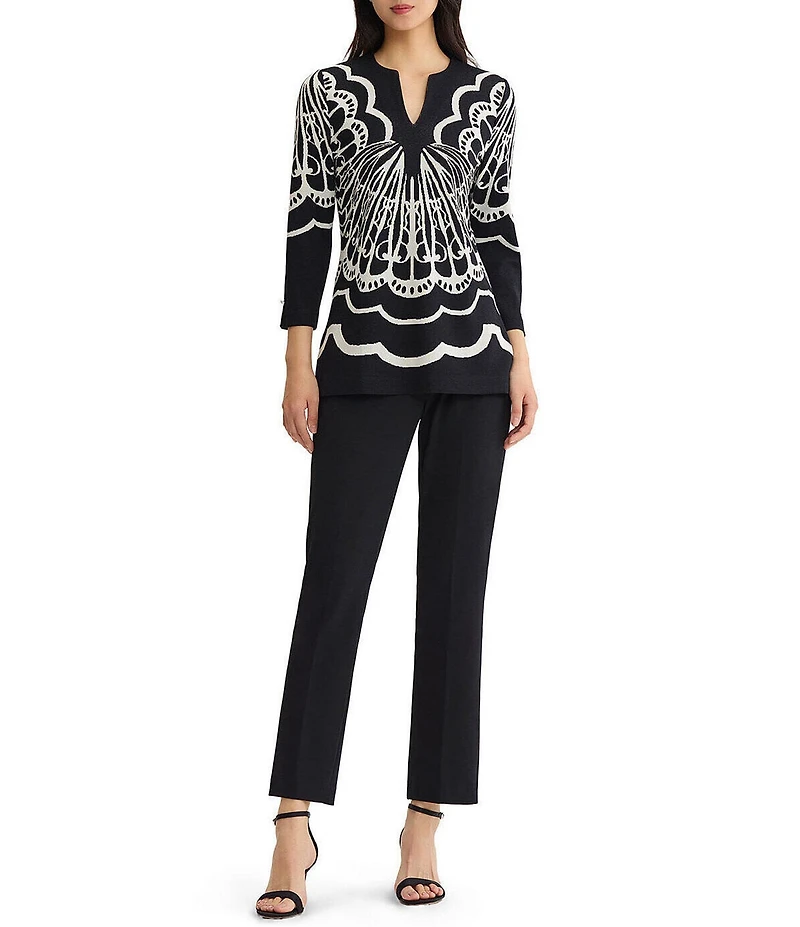 Ming Wang Jacquard Knit Printed Split V-Neck Bracelet Sleeve Tunic