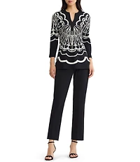 Ming Wang Jacquard Knit Printed Split V-Neck Bracelet Sleeve Tunic