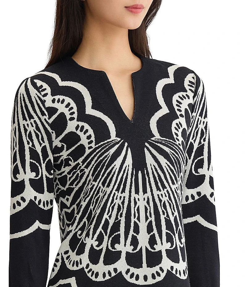 Ming Wang Jacquard Knit Printed Split V-Neck Bracelet Sleeve Tunic