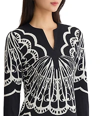 Ming Wang Jacquard Knit Printed Split V-Neck Bracelet Sleeve Tunic