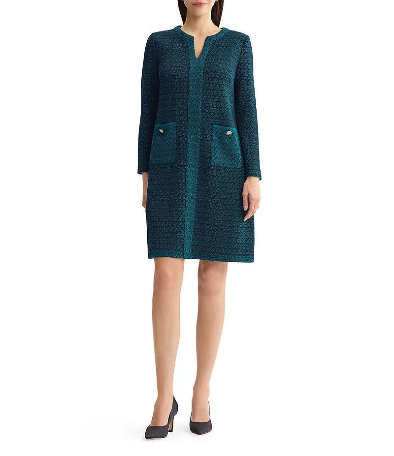 Ming Wang Jacquard Knit Split V-Neck Bracelet Sleeve A-Line Dress