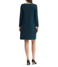 Ming Wang Jacquard Knit Split V-Neck Bracelet Sleeve A-Line Dress