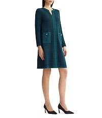 Ming Wang Jacquard Knit Split V-Neck Bracelet Sleeve A-Line Dress