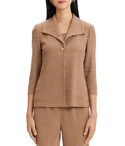 Ming Wang Jacquard Knit Tonal Wing Collar 3/4 Sleeve One-Front Button Jacket