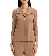 Ming Wang Jacquard Knit Tonal Wing Collar 3/4 Sleeve One-Front Button Jacket
