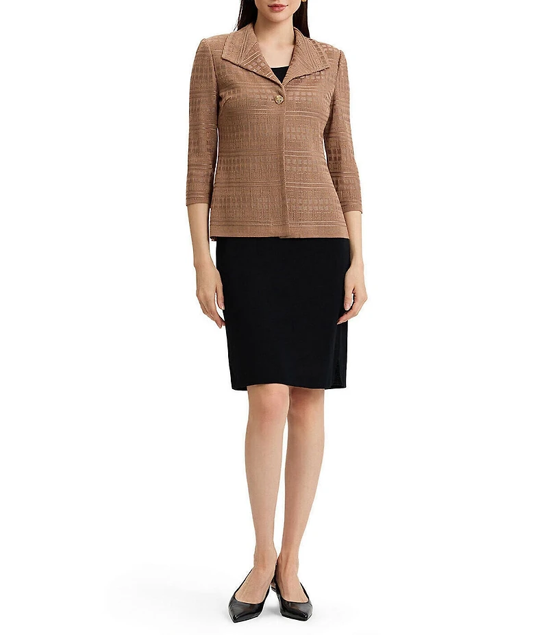 Ming Wang Jacquard Knit Tonal Wing Collar 3/4 Sleeve One-Front Button Jacket