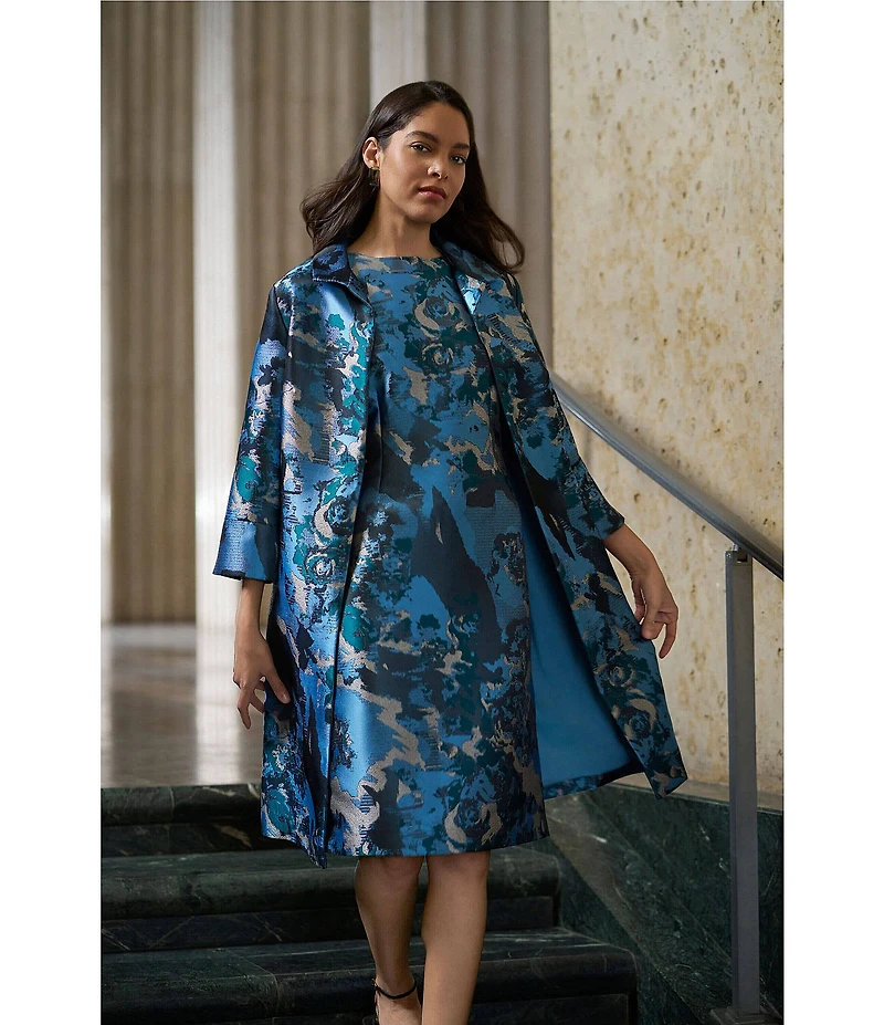 Ming Wang Jacquard Novelty Woven Abstract Print Crew Neck Sleeveless Coordinating Dress