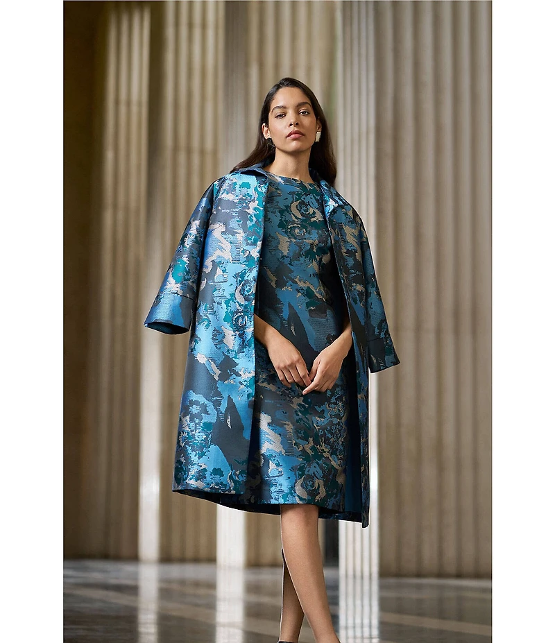 Ming Wang Jacquard Novelty Woven Abstract Print Crew Neck Sleeveless Coordinating Dress
