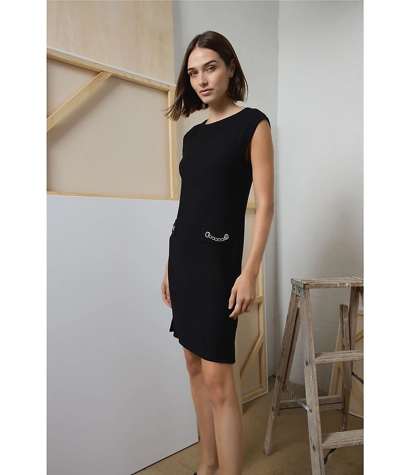 Ming Wang Knit Boat Neck Cap Sleeve Chain Front Dress