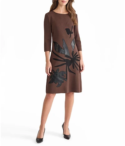 Ming Wang Knit Botanical Applique Boat Neck 3/4 Sleeve A-Line Dress