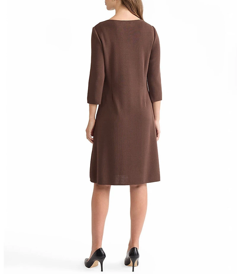 Ming Wang Knit Botanical Applique Boat Neck 3/4 Sleeve A-Line Dress