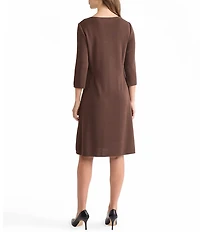 Ming Wang Knit Botanical Applique Boat Neck 3/4 Sleeve A-Line Dress