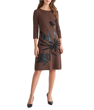 Ming Wang Knit Botanical Applique Boat Neck 3/4 Sleeve A-Line Dress