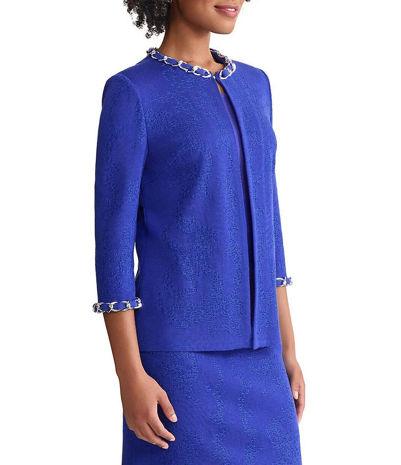 Ming Wang Knit Chain Crew Neck 3/4 Sleeve Ribbon Chain Trim Jacket