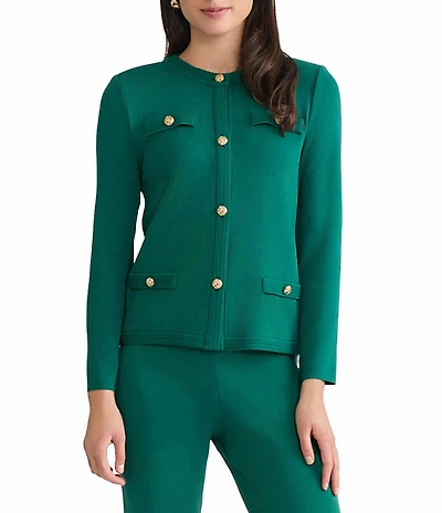 Ming Wang Knit Crew Neck Long Sleeve Button Front Cardigan