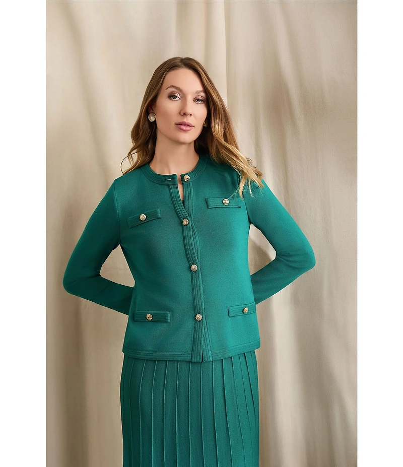 Ming Wang Knit Crew Neck Long Sleeve Button Front Cardigan