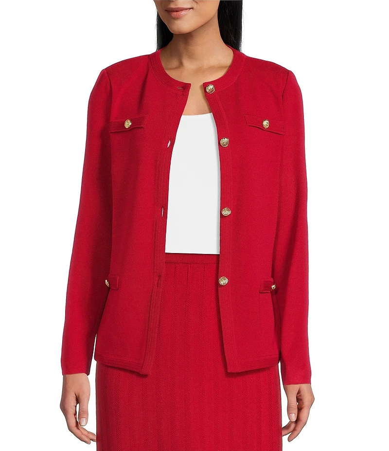 Ming Wang Knit Crew Neck Long Sleeve Button Front Cardigan