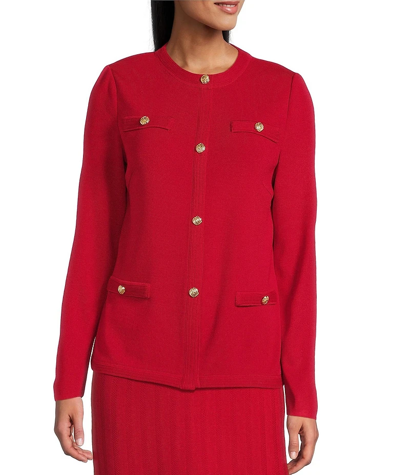 Ming Wang Knit Crew Neck Long Sleeve Button Front Cardigan