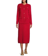 Ming Wang Knit Crew Neck Long Sleeve Button Front Cardigan