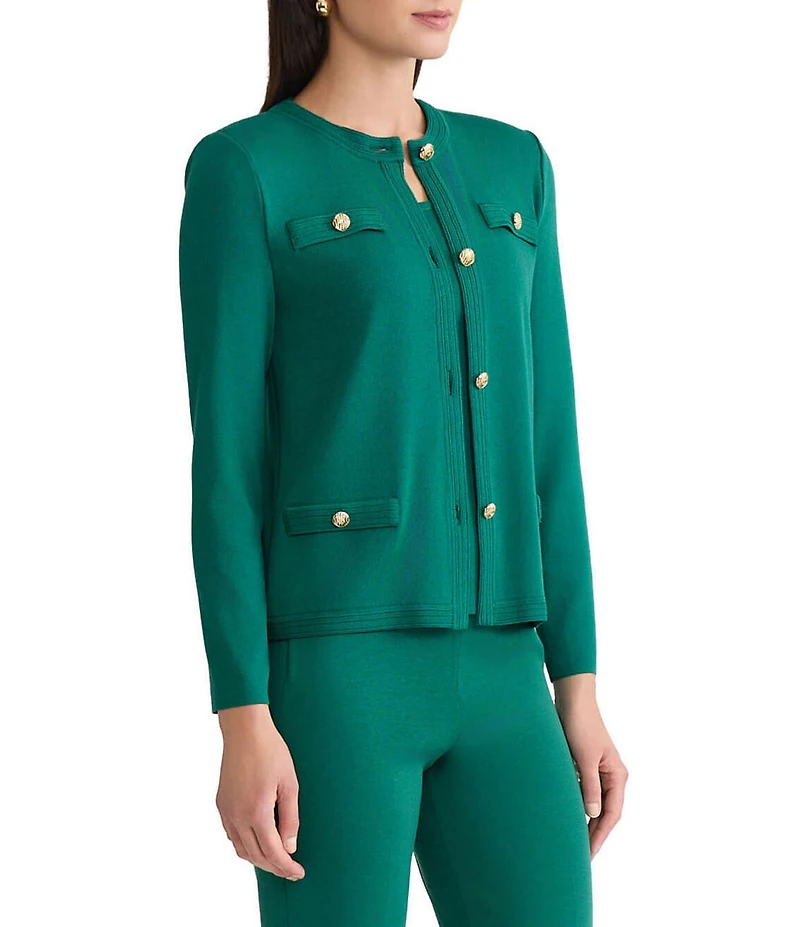 Ming Wang Knit Crew Neck Long Sleeve Button Front Cardigan