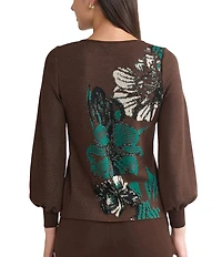 Ming Wang Knit Floral Jacquard Round Neck Long Balloon Sleeve Sweater