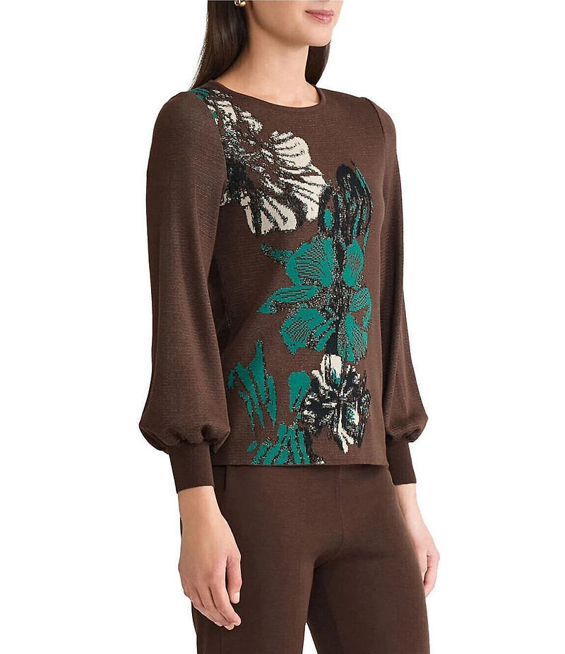 Ming Wang Knit Floral Jacquard Round Neck Long Balloon Sleeve Sweater