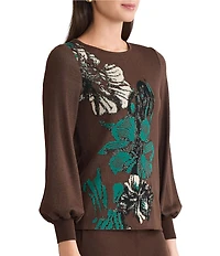 Ming Wang Knit Floral Jacquard Round Neck Long Balloon Sleeve Sweater