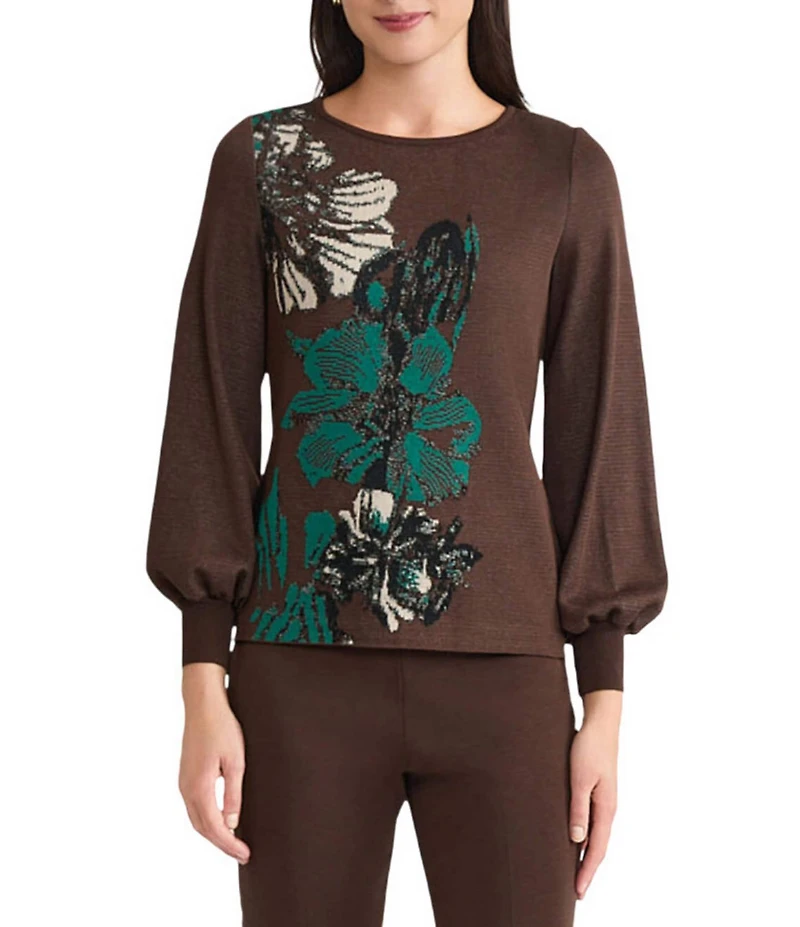 Ming Wang Knit Floral Jacquard Round Neck Long Balloon Sleeve Sweater