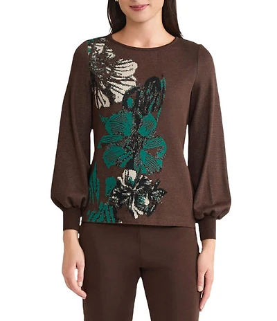 Ming Wang Knit Floral Jacquard Round Neck Long Balloon Sleeve Sweater