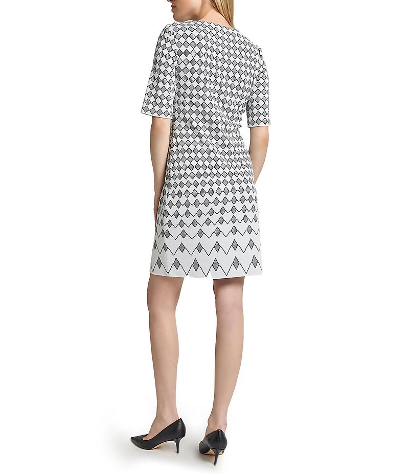 Ming Wang Knit Jacquard Geo Print Round Neck Elbow Sleeve Dress