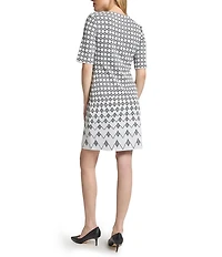 Ming Wang Knit Jacquard Geo Print Round Neck Elbow Sleeve Dress