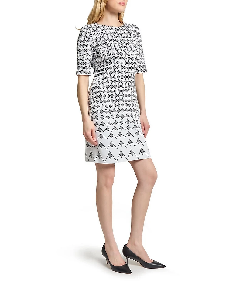 Ming Wang Knit Jacquard Geo Print Round Neck Elbow Sleeve Dress