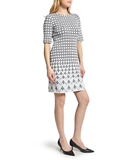 Ming Wang Knit Jacquard Geo Print Round Neck Elbow Sleeve Dress