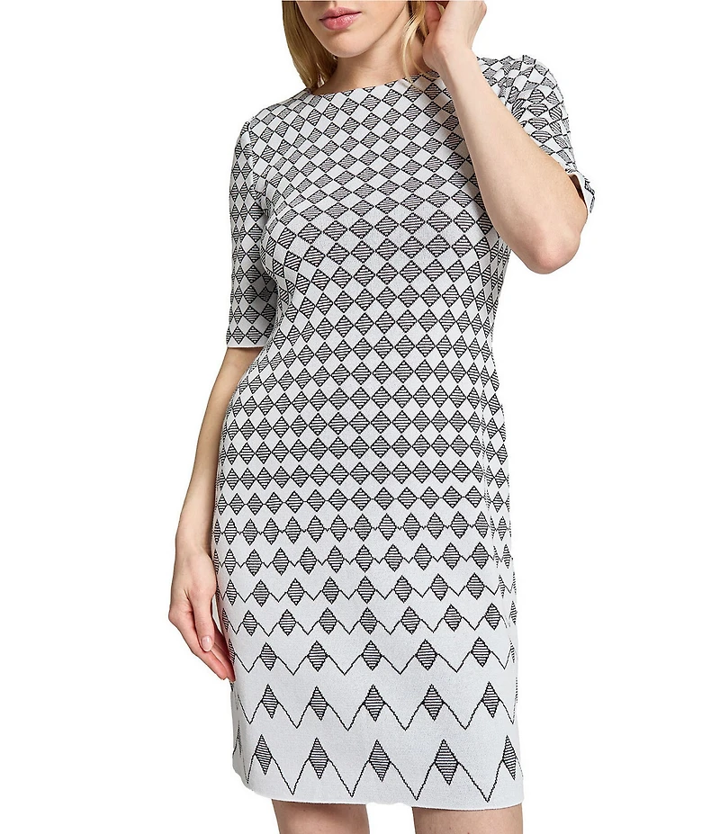 Ming Wang Knit Jacquard Geo Print Round Neck Elbow Sleeve Dress