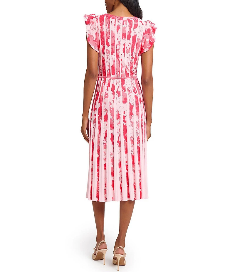 Ming Wang Knit Jacquard V-Neck Flutter Sleeve Fit-And-Flare Midi Dress