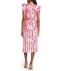 Ming Wang Knit Jacquard V-Neck Flutter Sleeve Fit-And-Flare Midi Dress