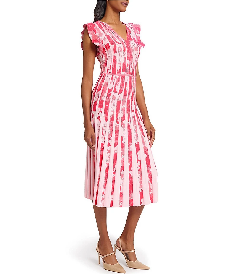 Ming Wang Knit Jacquard V-Neck Flutter Sleeve Fit-And-Flare Midi Dress