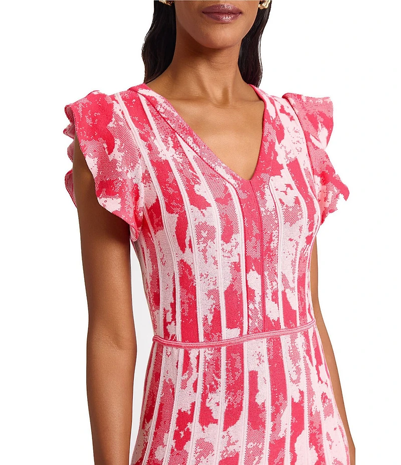 Ming Wang Knit Jacquard V-Neck Flutter Sleeve Fit-And-Flare Midi Dress