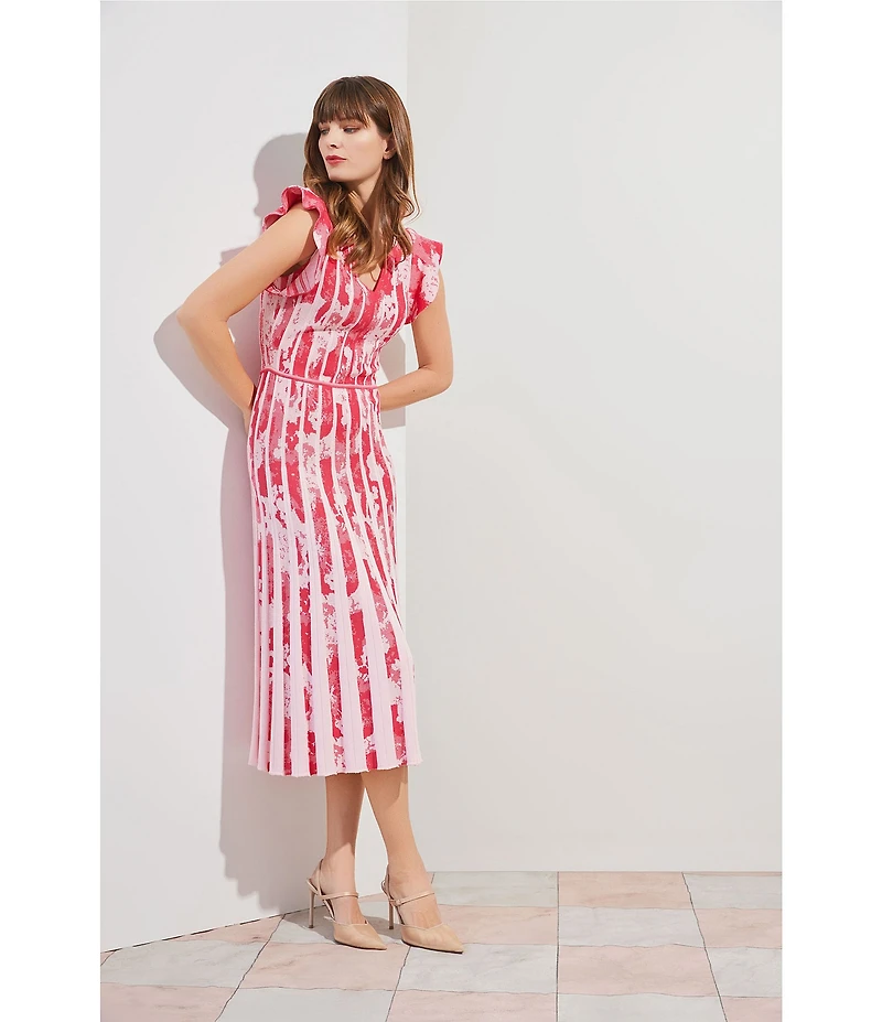 Ming Wang Knit Jacquard V-Neck Flutter Sleeve Fit-And-Flare Midi Dress