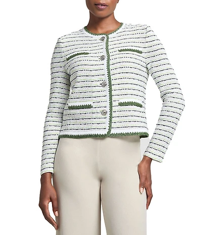 Ming Wang Knit Stripe Tweed Crew Neck Long Sleeve Jacket