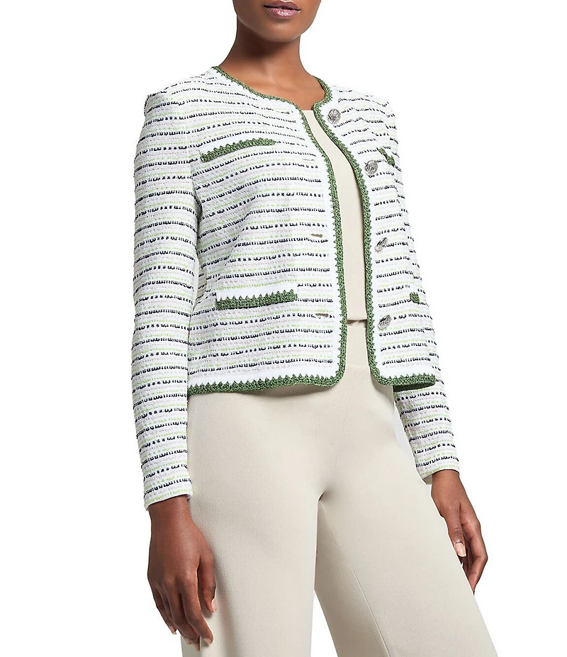 Ming Wang Knit Stripe Tweed Crew Neck Long Sleeve Jacket