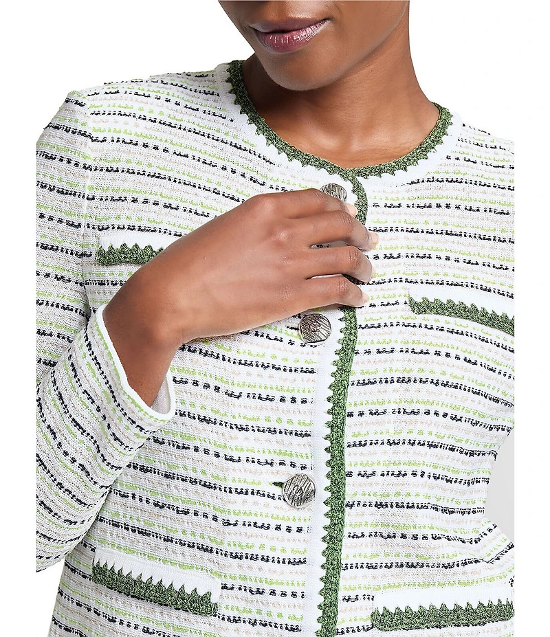 Ming Wang Knit Stripe Tweed Crew Neck Long Sleeve Jacket